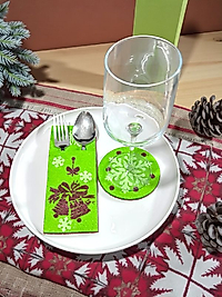 Yılbaşı Sofrası ( Dekoratif Keçe Kaşıklık, Çatallık, Bardak altlıklı) Zil 2li set