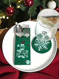 Yılbaşı Sofrası ( Dekoratif Keçe Kaşıklık, Çatallık, Bardak altlıklı) Kardan Adam 2li set