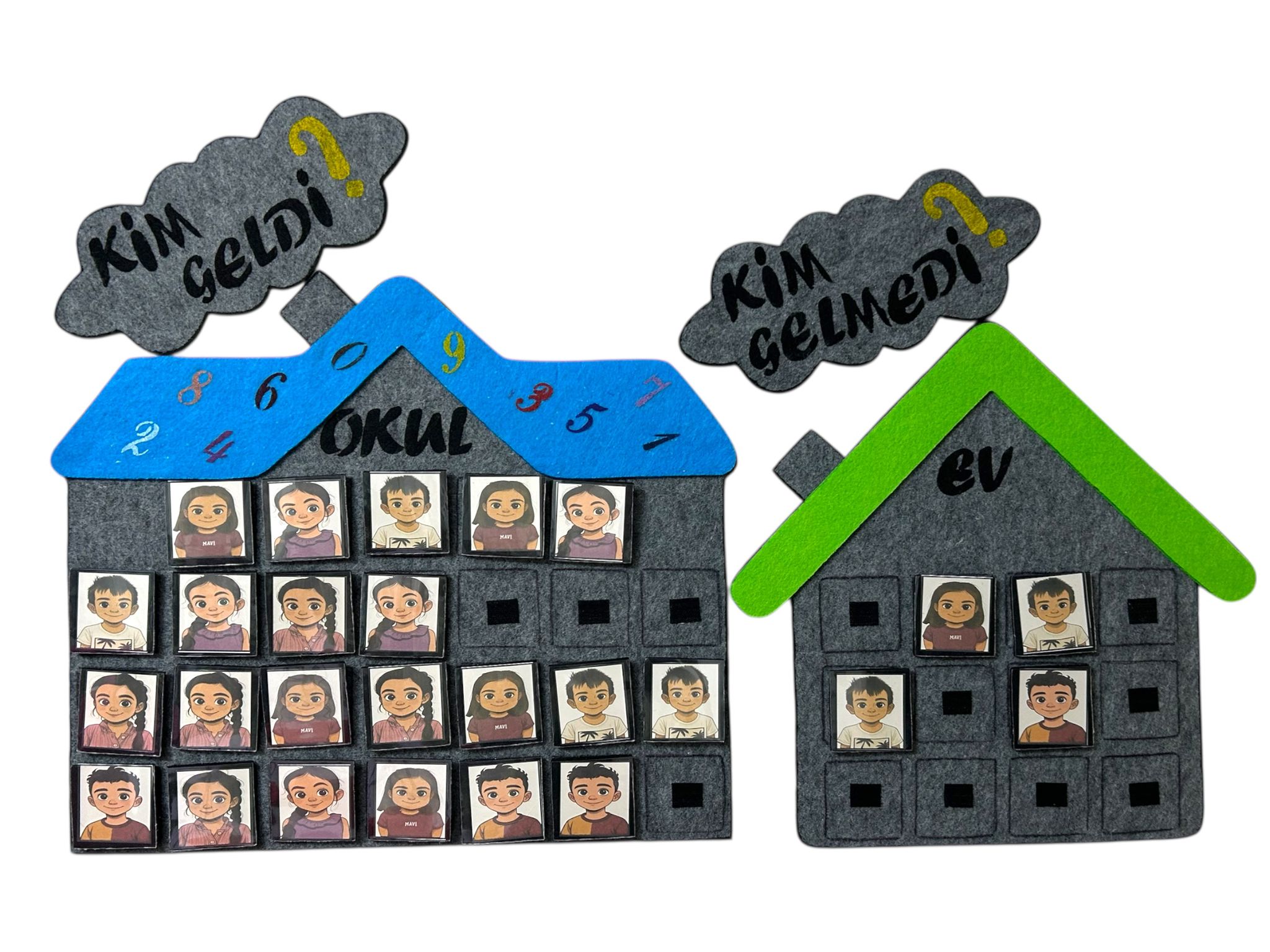 Okul öncesi ve ilkokul sınıfları için özel tasarlanmış ‘Kim Geldi – Kim Gelmedi’ Keçe Yoklama Panosu